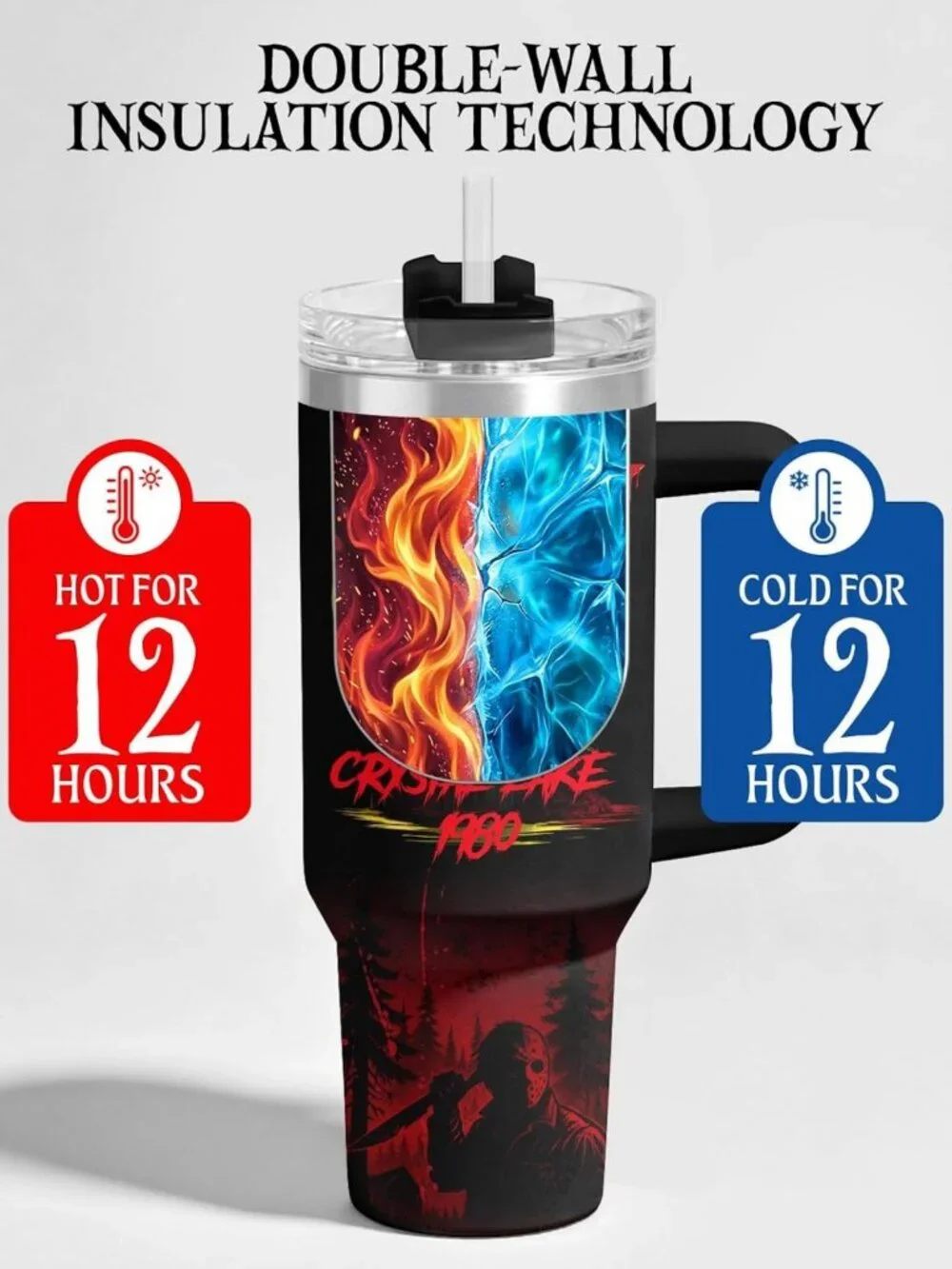 Retro Horror 40 oz Tumbler with Handle - Scary Halloween Drinkware Gift